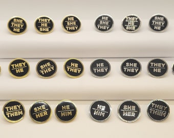 Bulk Discount Pronoun Pins Mix and Match Gold or Silver | Round All Caps Pronoun Badge for Work, Weddings, Conferences, Schools, Healthcare