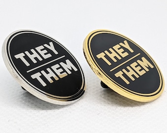 They Them Pronoun Pin Silver or Gold 1-inch Round Hard Enamel | Nonbinary Pronoun Badge