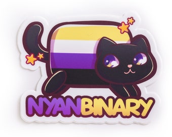 Nyanbinary Nyan Cat Nonbinary Pride Pun Decal 2" | Autocollant en vinyle découpé étanche pour voiture, ordinateur portable, bouteille d'eau, etc.