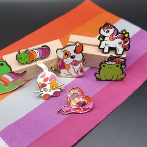 Lesbian Purride Calico Cat Hard Enamel Pin in Orange Lesbian Pride Flag Colors Chibi Neko LGBTQ Subtle Pride Jewelry image 2