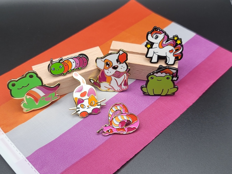 Lesbian Purride Calico Cat Hard Enamel Pin in Orange Lesbian Pride Flag Colors Chibi Neko LGBTQ Subtle Pride Jewelry image 2