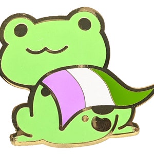 Pode incluir: Um sapo verde com uma bandeira rosa, branca e verde drapeada sobre as costas. O sapo está sentado sobre as patas traseiras com as patas dianteiras enfiadas. O sapo tem um contorno dourado.