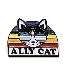 Puede incluir: Un gato blanco y negro con gafas de sol arcoíris con un diseño de bandera de orgullo transgénero. El gato está frente a una puesta de sol arcoíris con el texto "ALLY CAT" debajo.