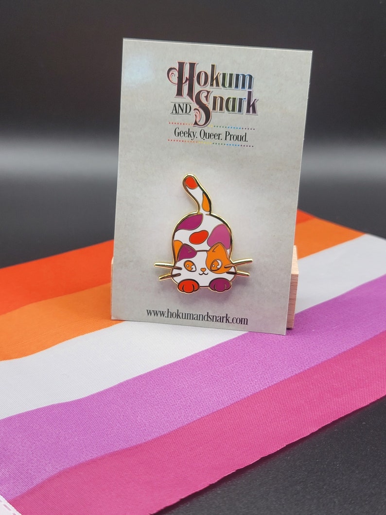 Lesbian Purride Calico Cat Hard Enamel Pin in Orange Lesbian Pride Flag Colors Chibi Neko LGBTQ Subtle Pride Jewelry image 1