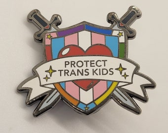 Protect Trans Kids Enamel Pin: Trans Ally Shield & Swords Lapel