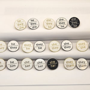 Bulk Discount Pronoun Pins Mix and Match Black Metal, Gold, or Silver | Modern Minimalist Round Lowercase Pronoun Badge