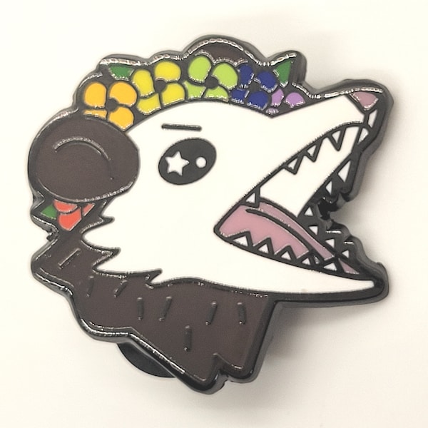 Gay Pride Possum in Flower Crown Screams in Gay | Rainbow Trash Opossum Enamel Pin Protect Queer Kids | LGBTQ Pin