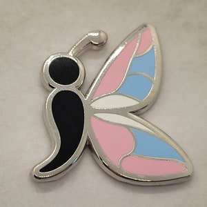 Trans Pride Butterfly Semicolon Enamel Pin: Mental Health Awareness