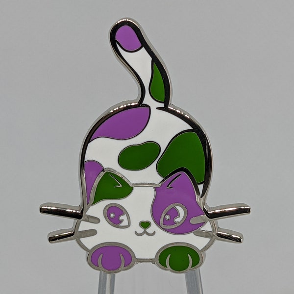 Genderqueer Pin Purride Chibi Cat Hard Enamel Pin in Gender Queer Pride Flag Colors | LGBTQ+ Subtle Pride Jewelry