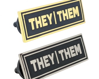 They/Them Rectangle Pronoun Pin or Magnet Back Silver or Gold Hard Enamel 1.5 by .5 in | Nonbinary Pronoun Badge