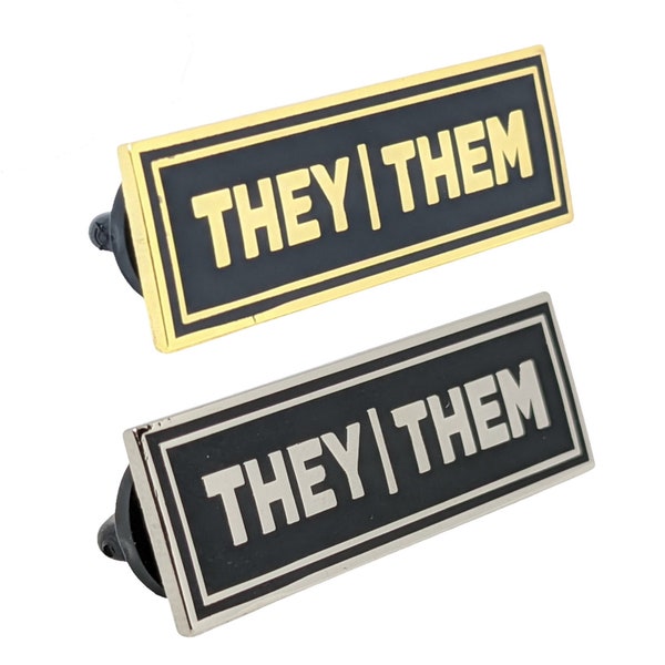 They/Them Rectangle Pronoun Pin or Magnet Back Silver or Gold Hard Enamel 1.5 by .5 in | Nonbinary Pronoun Badge