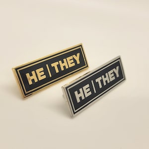 He/They Rectangle Pronoun Pin or Magnet Back Silver or Gold Hard Enamel 1.5 by .5 in | Masc Nonbinary Pronoun Badge