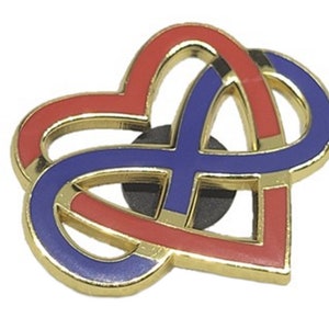 Polyamory Infinity Herz Emaille Pin | Unendliche Liebe Keltischer Knoten Blau Rot Gold Cut Out Design | Polyamory Pride Schmuck
