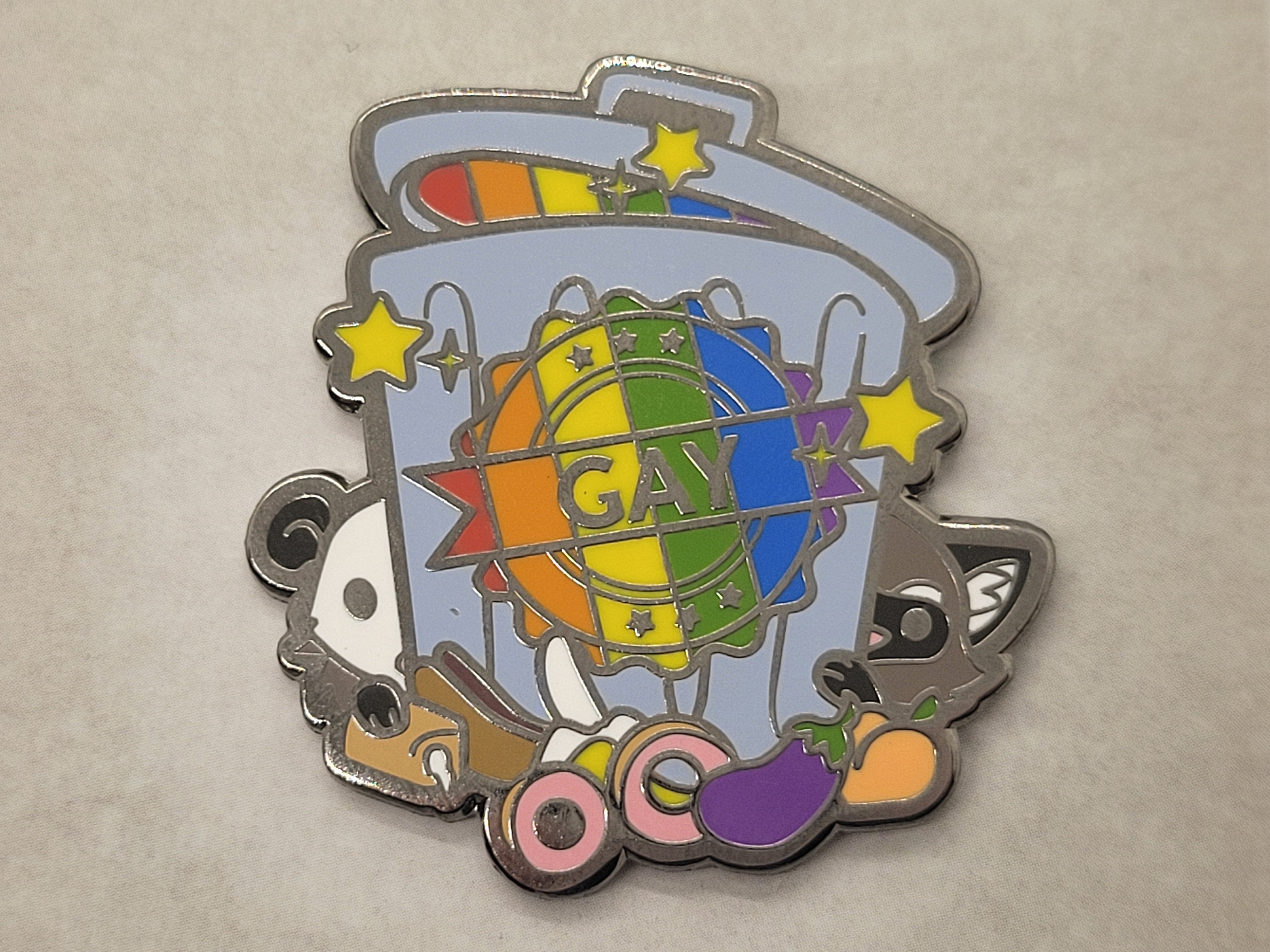 Gay Trash Panda Enamel Pin - Rainbow Pride Raccoon & Possum Lapel Pin With Black Metal Outline