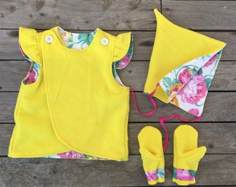 Sunshine Trio - Wool Vest, Mittens and Pixie Bonnet - Matching Yellow Set - Size 5