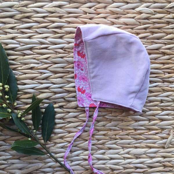 Baby Bonnet - Pink Corduroy and Floral - Size 6-12 Months - Reversible