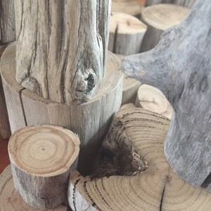 以下が含まれることがあります： 自然な木の輪切りがいくつか積み重ねられ、手前に薄い灰色の流木が置かれています。木は自然な風合いがあり、クラフトや装飾に最適です。