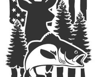 American Flag with Deer, Bass, and Outdoors Die Cut Vinyl Decal