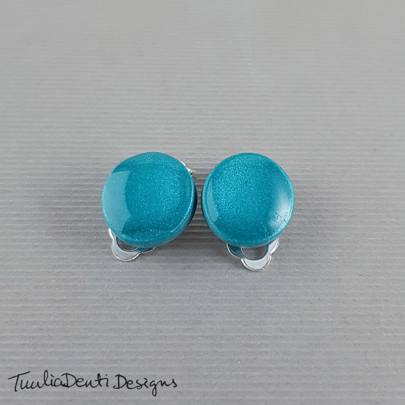 Teal clip on earrings teal blue disc earrings hypoallergenic earrings 14 mm minimalist clips