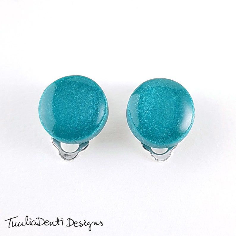 Teal clip on earrings teal blue disc earrings hypoallergenic earrings 14 mm minimalist clips