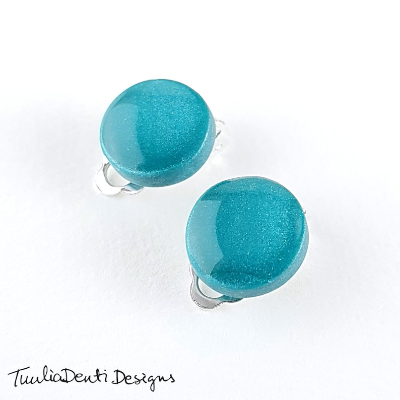 Teal clip on earrings teal blue disc earrings hypoallergenic earrings 14 mm minimalist clips