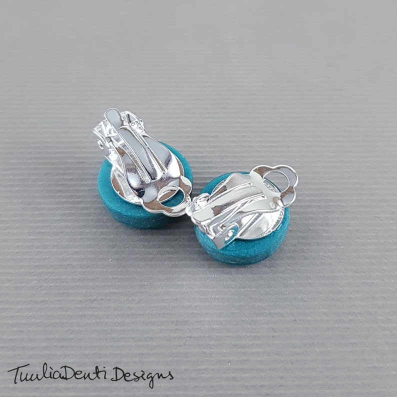 Teal clip on earrings teal blue disc earrings hypoallergenic earrings 14 mm minimalist clips