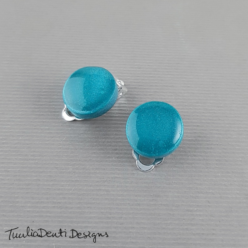 Teal clip on earrings teal blue disc earrings hypoallergenic earrings 14 mm minimalist clips