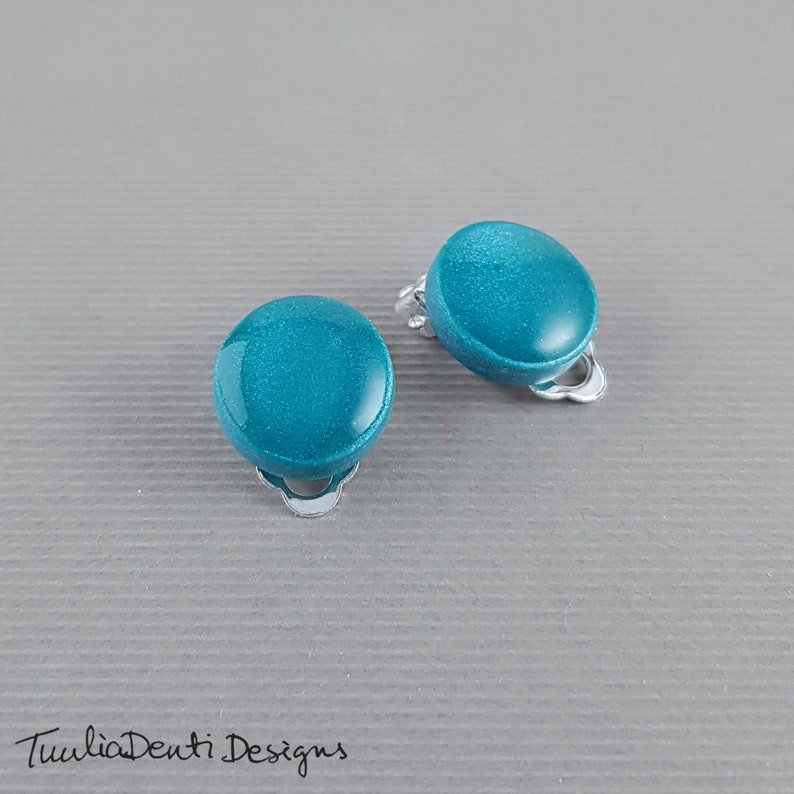 Teal clip on earrings teal blue disc earrings hypoallergenic earrings 14 mm minimalist clips