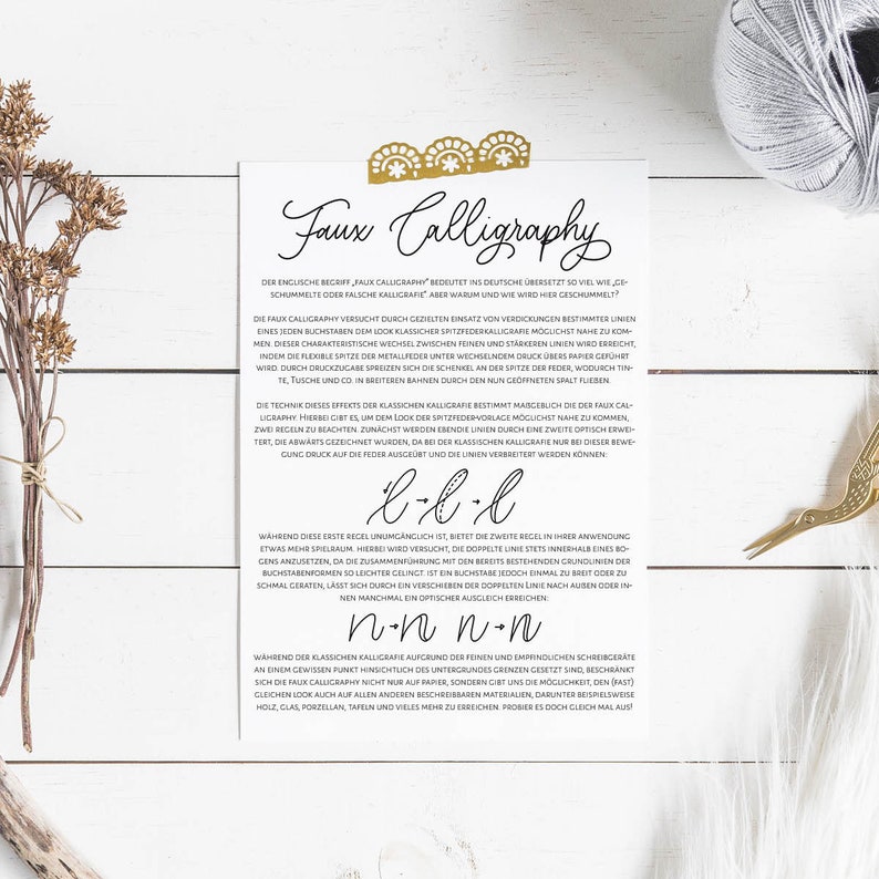 May include: A printable guide to faux calligraphy, with instructions on how to create the look of classic calligraphy using a simple pen or marker. The guide includes examples of the letter 'l' and the letter 'n' with instructions on how to create the faux calligraphy effect.