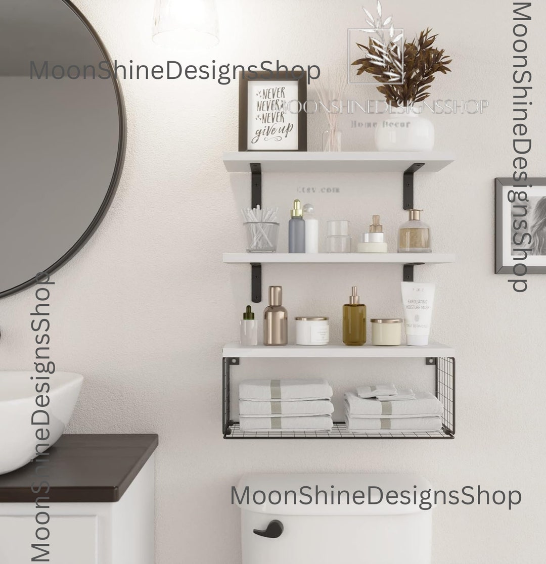 3 Wooden Bathroom Shelves Storage Basket Floating & Over Toilet Storage ...