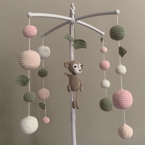 Mobile &quot;Monkey&quot; soft pink/light pink/sage green/white with music box and rotating mechanism **other figures to choose from**