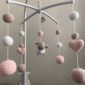 Mobile &quot;Sheep&quot; pastel pink/pink/white crocheted with music box and rotating mechanism *other figures to choose from*