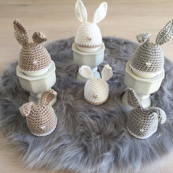 2-er Set - Eierwärmer „Hase“ in  beige / weiß / grau gehäkelt