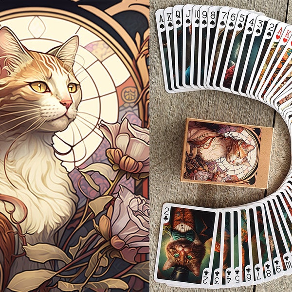 NOUVEAU CAT PORTRAITS Playing Cards (Poker Deck 54 Cards All Different) Art Nouveau Art Deco Victorian Cat Portraits Posters 652-144