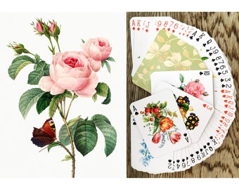 FLOWERS & ROSES Carte da gioco (Poker Deck 54 Carte Tutte Diverse) Illustrazioni Vintage di Garden Roses, Fiori selvatici, di Redoute 651-019