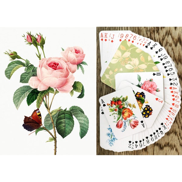 FLOWERS & ROSES Spielkarten (Poker Deck 54 Karten alle unterschiedlich) Vintage Illustrationen von Gartenrosen, Wildblumen, von Redoute 651-019