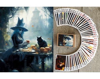 ELEGANT HALLOWEEN Playing Cards (Poker Deck 54 Cards All Different) Elegant Wicca Witch Ladies and Black Cat Drinking Wine 651-157