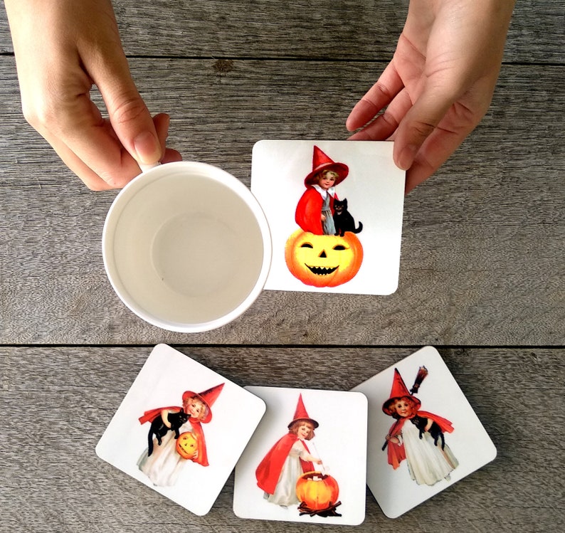 HALLOWEEN COASTERS 4 Square Coasters in a Set Cute Witch Etsy