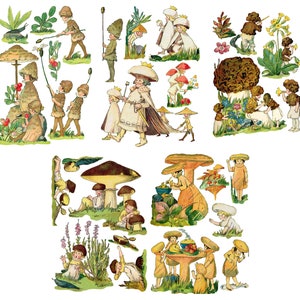 Mushroom Gnomes SMALL FOREST PEOPLE, Large Vinyl Stickers (over 20 Large Stickers) Vintage Illustration by Mabel Attwell  049