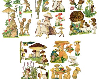 Mushroom Gnomes SMALL FOREST PEOPLE, Large Vinyl Stickers (over 20 Large Stickers) Vintage Illustration by Mabel Attwell  049