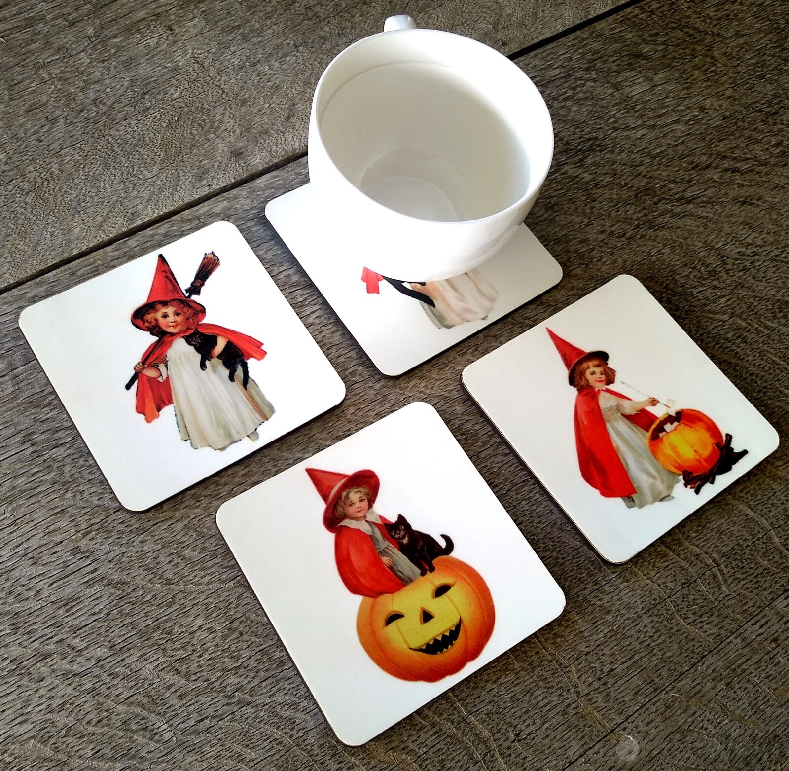 HALLOWEEN COASTERS 4 Square Coasters in a Set Cute Witch Etsy