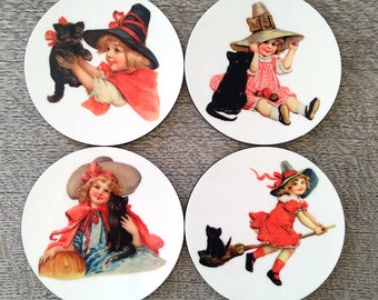 HALLOWEEN COASTERS ( 4 circle coasters in a set) Cute Witch Girls with Cats & Hats 671-001