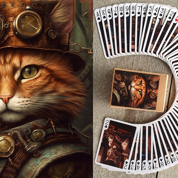 STEAMPUNK CATS Playing Cards (Poker Deck 54 Cards All Different) Cats Working in Steampunk Offices Dieselpunk Machinery Sci-Fi 652-134