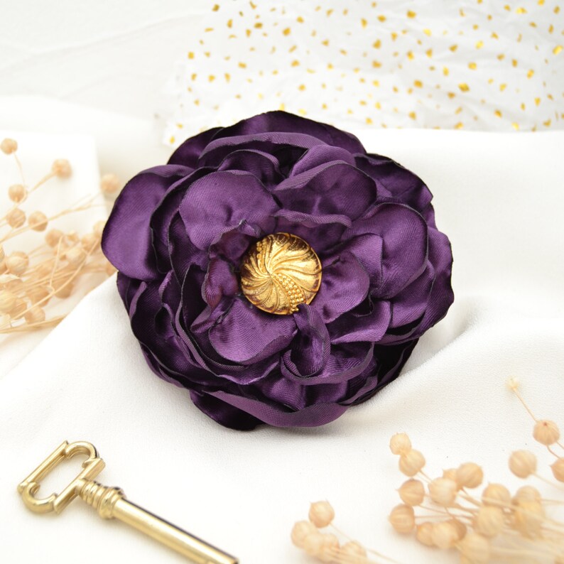 Hair clip Dark Purple with a large flower made of violet satin image 7