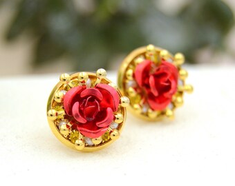 Romantic stud earrings "Iconic Love" with small red roses and rhinestones