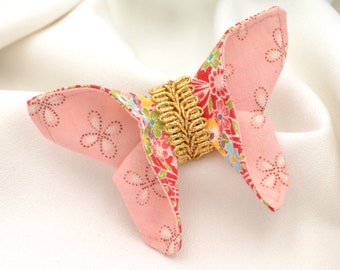 Origami brooch butterfly made of sweet retro fabrics - textile brooch in pink and red