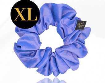 Large voluminous scrunchie "Magic Blue" hair tie made of pink/blue iridescent duochrome taffeta - fabric hair band