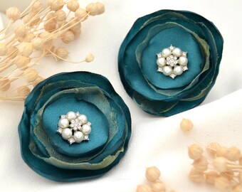 Hair clips set of 2 "Petrol" - Two petrol-colored flowers for hair with pearls and rhinestones