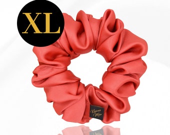 Large voluminous coral-colored scrunchie "Coral" | Hair tie made of salmon-colored satin fabric | Hair accessory