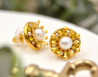 Romantic stud earrings "Iconic Truth" Golden earrings with pearl and rhinestones